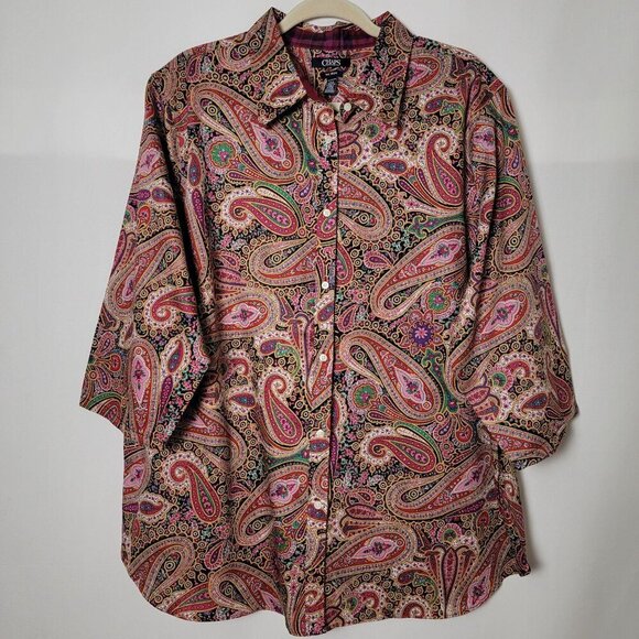 Chaps by Ralph Lauren Womens Multicolor Paisley 3/4 Sleeves Button Up Top 2X - Picture 2 of 8